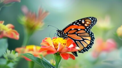Fototapeta premium Monarch Butterfly Feeding On A Zinnia Flower In A Garden