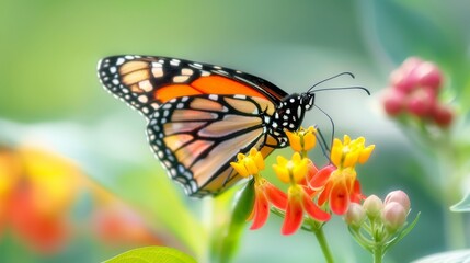 Naklejka premium Monarch Butterfly Feeding On Yellow And Red Flowers In A Garden