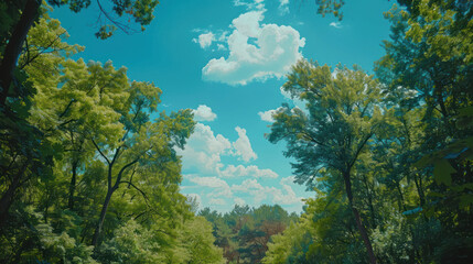 Fototapeta premium Captivating Summer Sky Amidst Lush Green Trees in a Tranquil Forest, Radiant Blue Sky with Fluffy Clouds, Peaceful Nature, Scenic Forestry Landscape, Picturesque Serenity, Outdoor Beauty