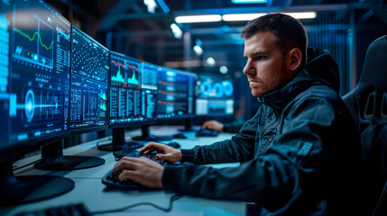 Fototapeta premium Military officer in space ship control room