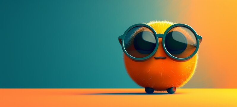 Colorful Kapre character in sunglasses, American mid-century flat design, dark teal background, abstract shapes in amber, squash, and vermillion hues.