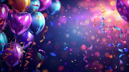 Purple Heart Shaped Balloons And Confetti Against A Deep Blue Background