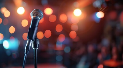 Obraz premium A Single Microphone On Stage In Front Of Blurred Lights