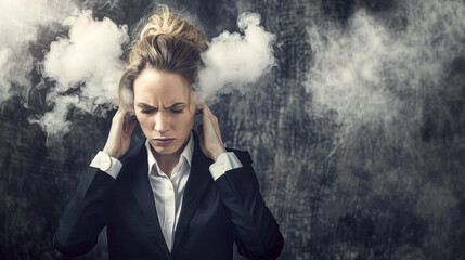 Female office manager with smoke or steam coming from her ears. too much to think about