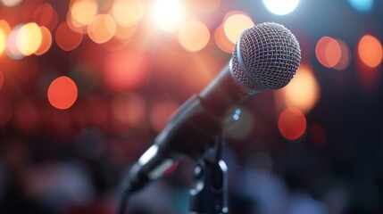 Closeup of a Microphone on Stage With Blurred Lights