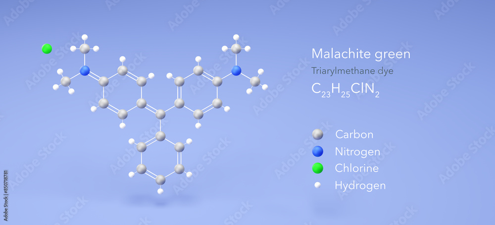 Wall mural malachite green molecule, molecular structure, triarylmethane dye, 3d model, Structural Chemical Formula and Atoms with Color Coding