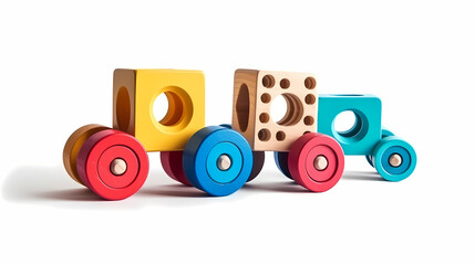 Fototapeta premium Set of 3 colorful classic toddler cutout or child's toys of car wheels, xylophone and geometric cubes isolated on white.