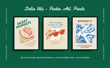 A large set of Vector posters on the theme of a sweet life in Italy, sweet tooth, hand-drawn drawings with interesting, inspiring phrases for the comfort of your home