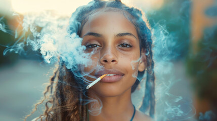 African American teen girl smoking tobacco or cannabis on the street