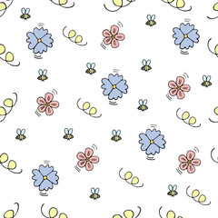 seamless pattern with flowers, bees on a light background, vector.