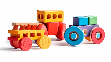 Set of 3 colorful classic toddler cutout or child's toys of car wheels, xylophone and geometric cubes isolated on white.