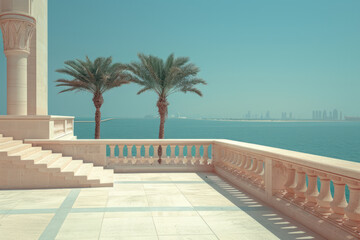 Fototapeta premium Spectacular Ocean View from Majestic Mediterranean Terrace with Elegant Palm Trees, Turquoise Waters, and Sleek Modern Skyline in the Distance, Perfect for Serene Relaxation and Luxury Living