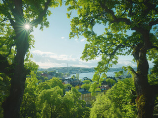 Obraz premium Serene Urban Landscape with Sunlight Filtering Through Lush Green Trees Overlooking a Cityscape by the Bay Under a Clear Blue Sky on a Beautiful Sunny Day