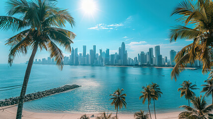 Naklejka premium Stunning Urban Skyline View with Palm Trees on a Sunny Day by the Ocean Blue Skies, Crystal Clear Water, and Modern Skyscrapers Perfect Vacation Destination