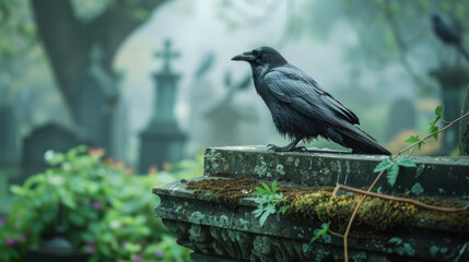 Black raven perched on a tombstone, gloomy scene