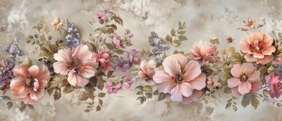 A stunning vintage wallpaper design featuring a botanical flower bunch with intricate and delicate floral motifs The flowers are rendered in soft