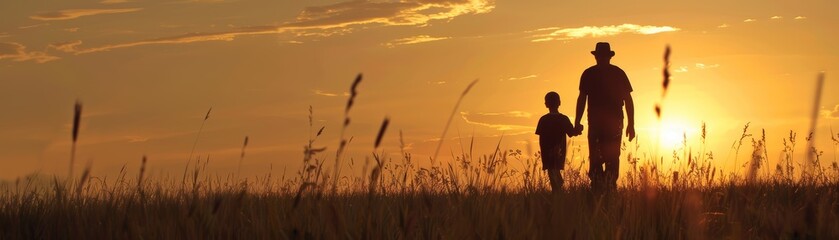 Obraz premium A father and son are walking together at sunset in a grassland field meadow. 