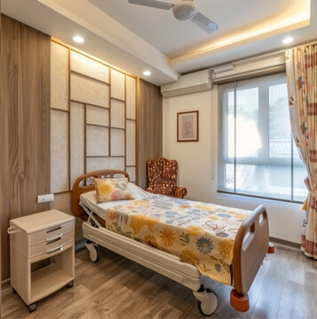 subtle indian design  in the interor design in an ags care room with a bed