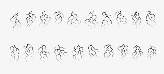 Set of twenty lightning silhouettes or cracks. Lightning silhouette for thunderstorm design. Crack silhouette set isolated on white background