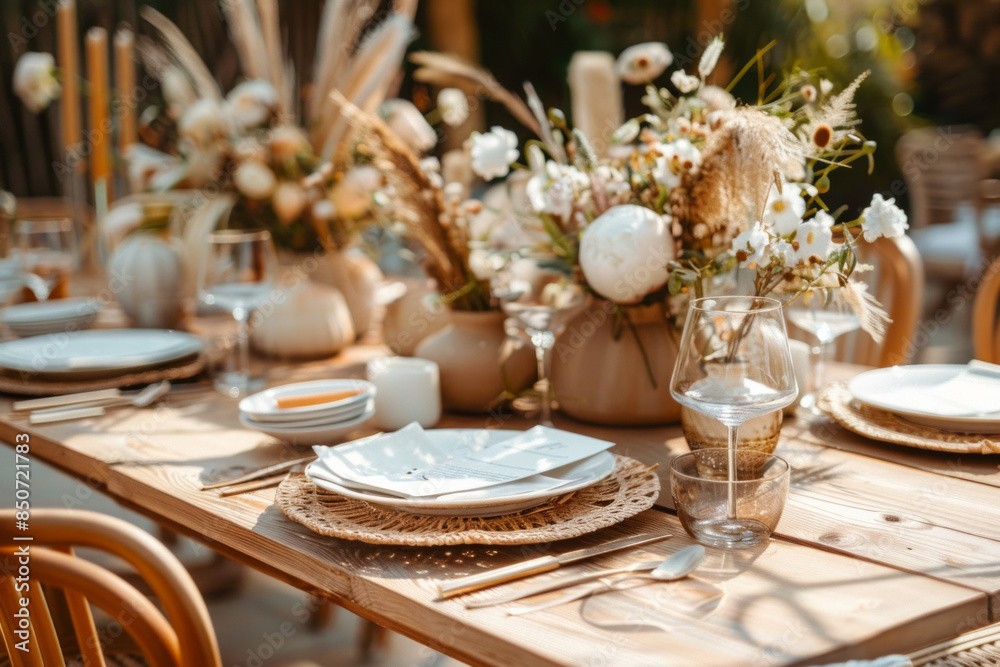 Wall mural Close up detail shot of a rustic boho style decorated wedding reception table