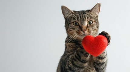 Obraz premium Cat holding a toy heart in a white background