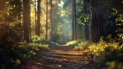 Fototapeta premium Forest Path bathed in Golden Light