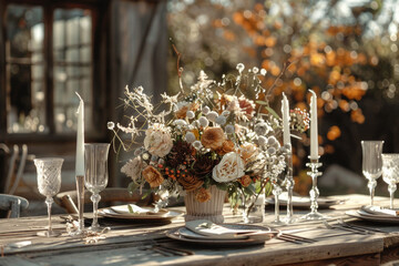 Close up detail shot of a rustic boho style decorated wedding reception table
