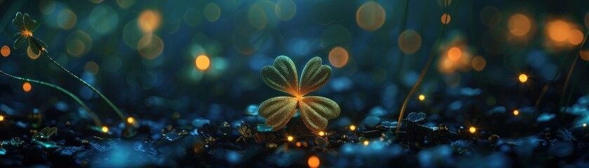 A close up of a small flower with four petals. The flower is surrounded by a dark background with a few bright spots. The image has a dreamy, ethereal quality to it, 3d render.