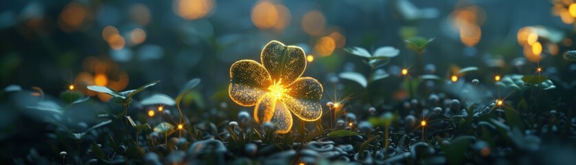 A close up of a flower with a star in the center. The flower is surrounded by a field of green grass, 3d render.