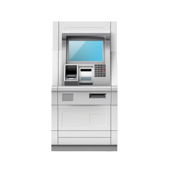 Modern ATM machine with touchscreen and card slot, isolated on white background. Perfect for banking and finance-related visuals.