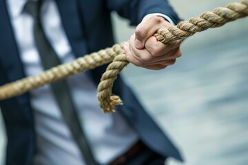 Closeup of a businessman in a suit pulling on a rope, symbolizing effort and competition
