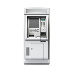Front view of a modern ATM machine, isolated on a white background. 