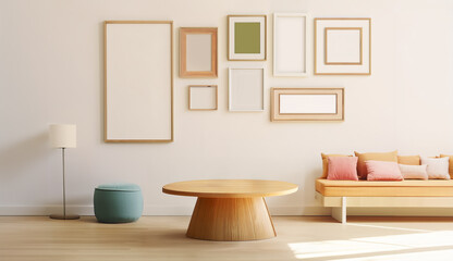 Spacious  living room interior with open concept, several empty frames, wood flooring, furnishings