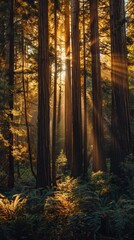Obraz premium Sunlight beams through tall trees in a serene forest, creating a tranquil and enchanting atmosphere with lush greenery and natural beauty.