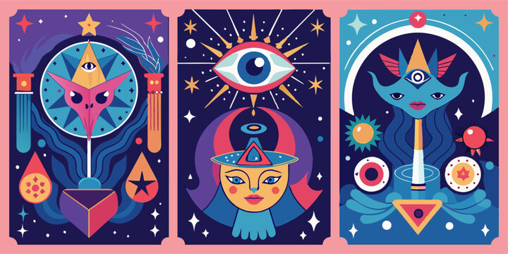 Three pixel art tarot cards with all seeing eye, sun, and moon