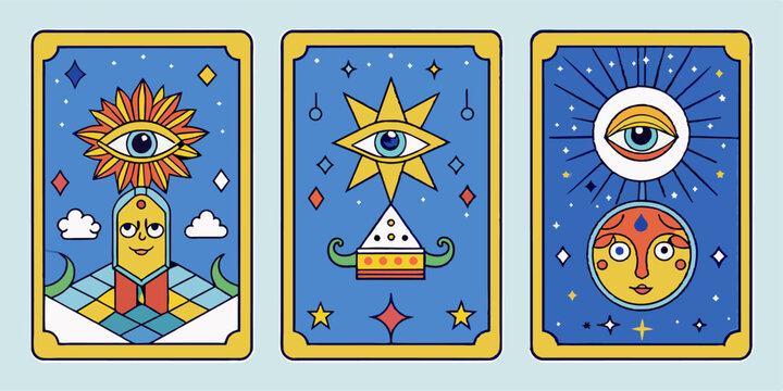 Tarot cards with sun, moon, and allseeing eye symbols, blending mysticism