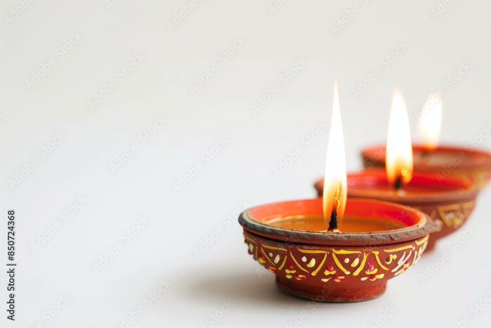 Wall mural three lit clay diya lamps with ornate designs on a white background, signifying diwali festival