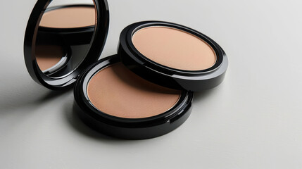 Open black compact powder case with mirror, showcasing light beige pressed powder on a white background Perfect for makeup universals