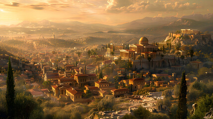 Fototapeta premium An ancient Athens scene with the Acropolis, the Parthenon, and other classical Greek ruins, highlighting the city's historical significance.