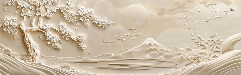 Beautiful sakura tree and mountain 3d relief wallpaper. Mural wallpaper. Wall art. AI generated illustration.