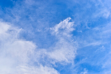 beautiful blue sky and white fluffy group of clouds with sunrise in the morning, natural background