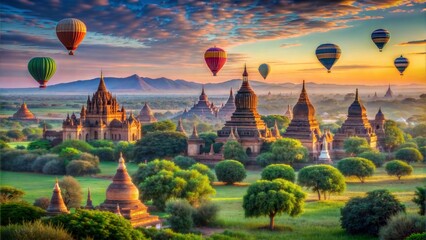 Photo sur Toile "Hot Air Balloon Ride": A picturesque scene of colorful hot air balloon floating above the breathtaking landscapes bagan, myanmar