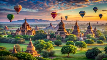 "Hot Air Balloon Ride": A picturesque scene of colorful hot air balloon floating above the breathtaking landscapes bagan, myanmar