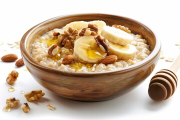 Oatmeal Bowl with Bananas, Nuts, and Honey on White Background