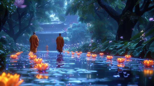 Two monks walk along a path with floating lanterns in a serene forest.