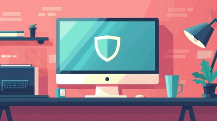 A flat cartoon of a desktop PC shielded by a protection icon symbolizes computer security firewall technology internet privacy safety antivirus software and a secure private network