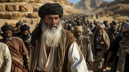 close-up shot of Prophet Moses, with a long white beard and a dark turban, leading his followers through the desert.