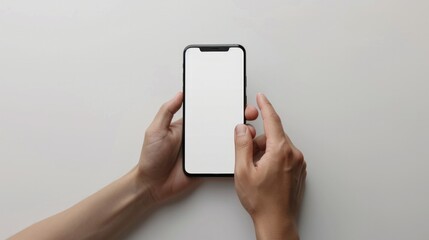A hand is touching the screen of mobile phone on a white background
