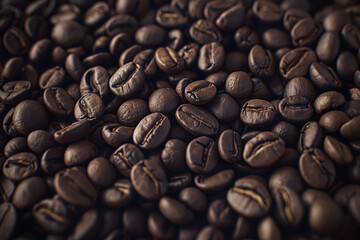High resolution photograph of coffee beans, top view, close up shot. The texture and color of the background create an atmosphere reminiscent of an old dark room with warm tones
