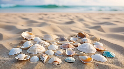 A sandy background adorned with sea shells providing ample room for a copy space image. Top views background Ai generative.
